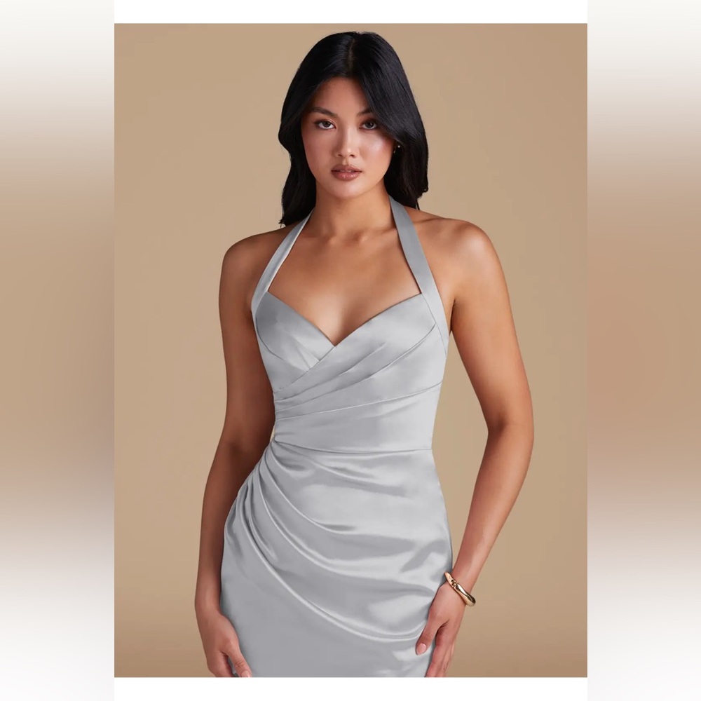 Azazie Silver Halter Satin Bridal Dress